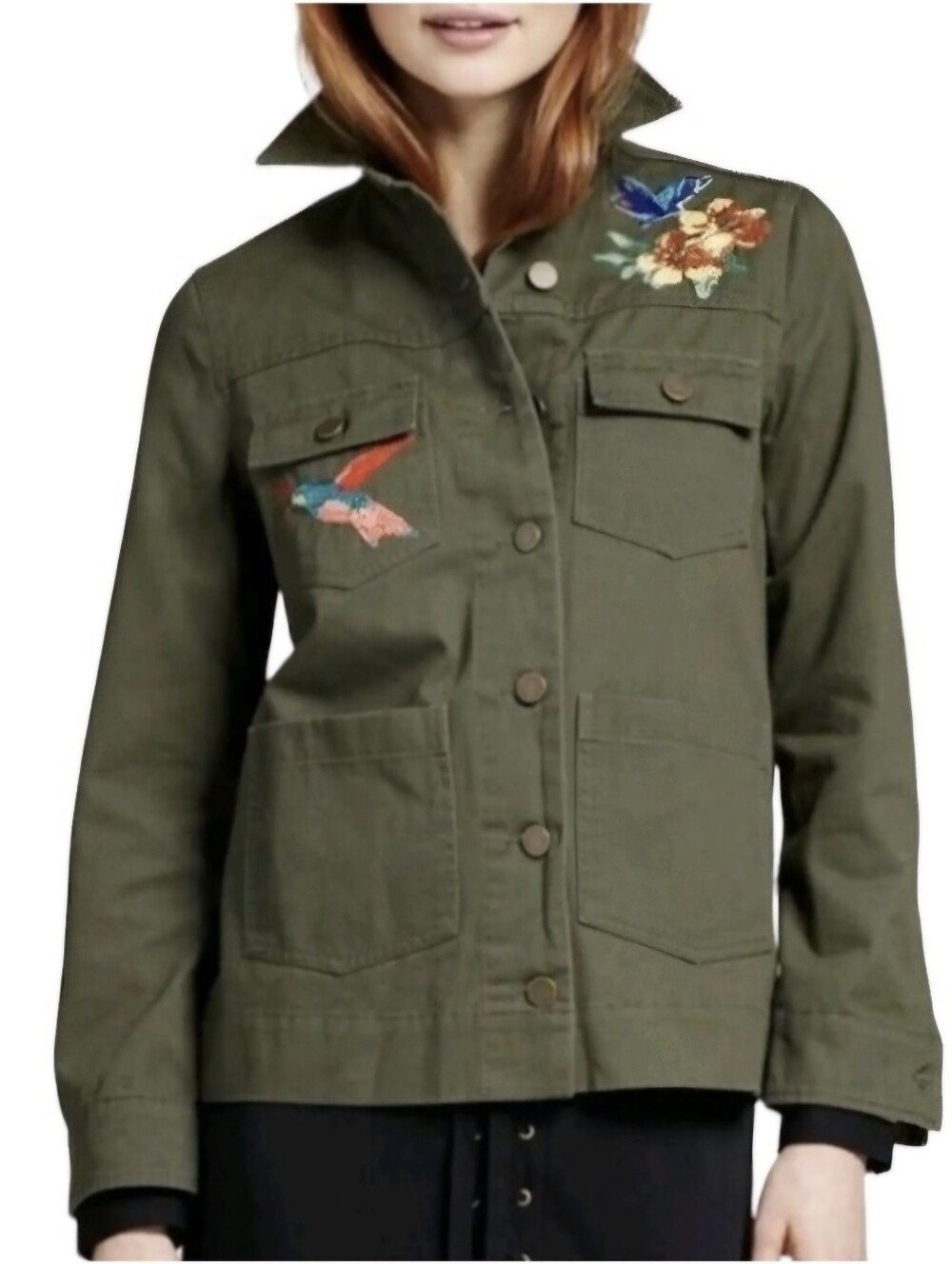 Who What Wear Olive Green Embroidered Utility Jacket Colorful Size Medium EUC